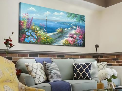 Arjun Blue Coastal Landscape Canvas Wall Art Ocean Large Framed 48"x24" - Image 6