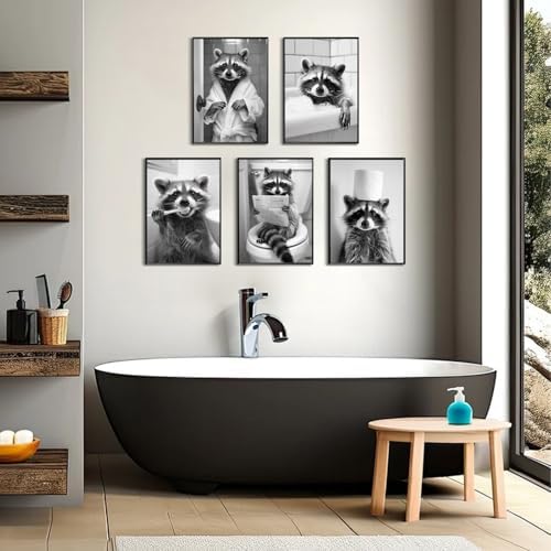 Bathroom Raccoon Decor Wall Art Funny Toilet Animal Canvas Pictures Black And - Image 6