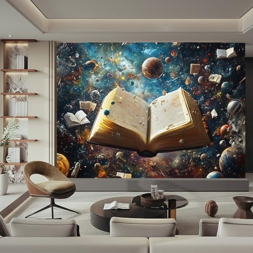 Colorful Wall Mural Wallpaper Books Planets in Space Surreal Style Hotel Lobby - Image 2