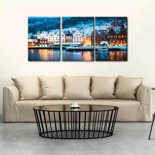 Pacimo 3 Piece Norway Cityscape Canvas Wall Art, Bruges Night View Print - Image 3