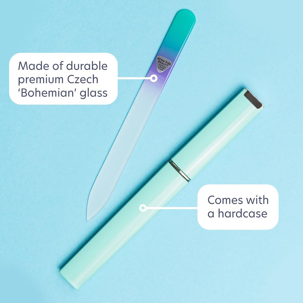 Bona Fide Beauty Czech Glass Nail File with Case, Pastel Green Violet Premium Crystal Nail File for Natural Nails. Nail Care Tool Gifts for Women