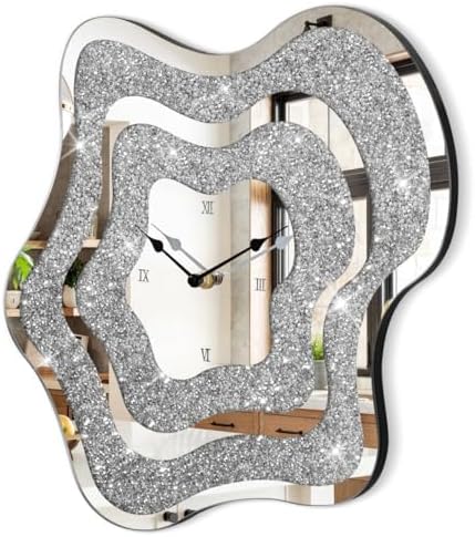 Silver Irregular Mirror Glass Wall Clock Crush Diamond Mirrored Wall Clock by FEUFOAM