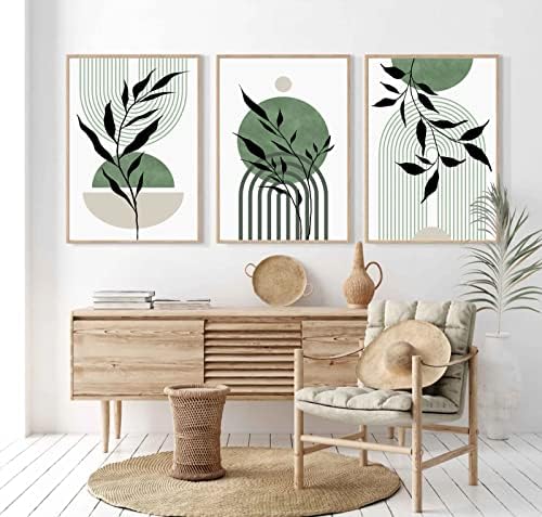 Mid Century Modern Wall Art Set of 3 Sage Green Canvas Wall Art Boho Prints - Image 4