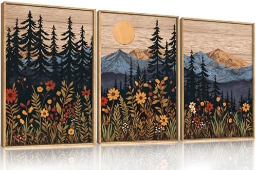 HOURIA Mid Century Woodland Mountain Framed Canvas Wall Art Set-24"x36"x3 by HOURIA
