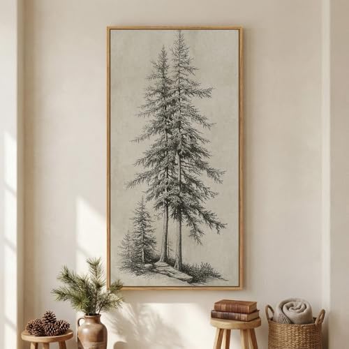 Large Framed Vintage Vertical Pine Tree Wall Art by Cuspin