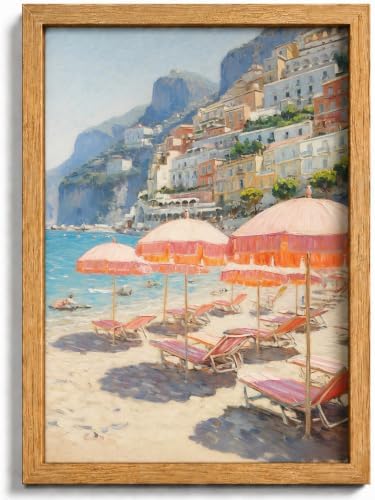Framed Pink Umbrella Coastal Canvas Wall Art, Beach Scene Picture Wall Decor by HJYQLN