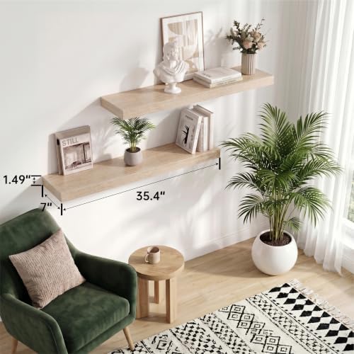 Oak Long Floating Shelves, 36 Inch Wooden Bathroom Shelf Set of 2 - Image 2