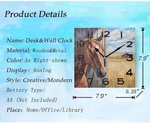 Moderate 8 Inch Square Wall Clock, Western Farm Horse Behind Door Non Ticking - Image 3