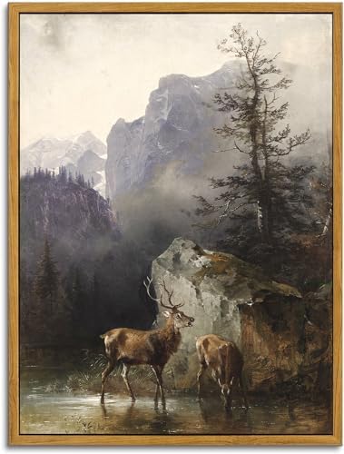 KBKBART Framed Mountain Deer Canvas Wall Art, Nature Landscape Paintings by KBKBART