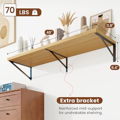 Deep Wall Shelves 48"W x 12"D Engineered Wood Floating Shelves - Image 3