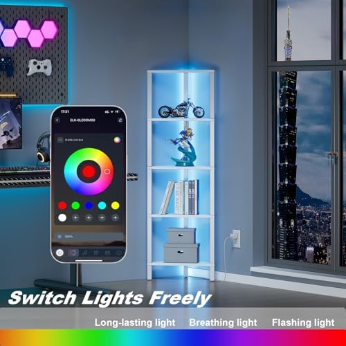 TUTOTAK Corner Shelf with LED Light, 5-Tier Corner Bookshelf - Image 6