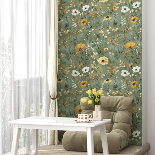 Laatse Vintage Green Yellow Daisy Floral Botanical Wallpaper 17.5"x393" - Image 2