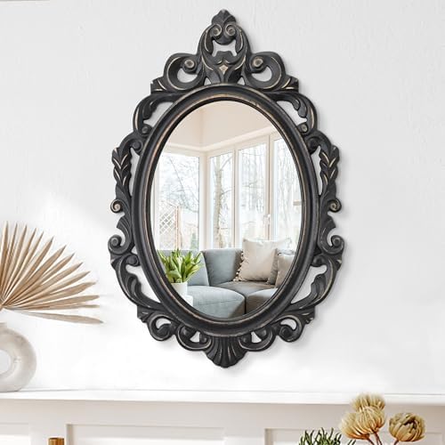 Oval Mirror Black Wooden Hanging Mirrors Carved Wall Mirror Baroque Style Frame by Lzuso