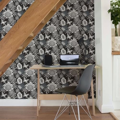 FLFK Peel and Stick Wallpaper Floral Birds Black Wallpaper 16" x 128" - Image 6