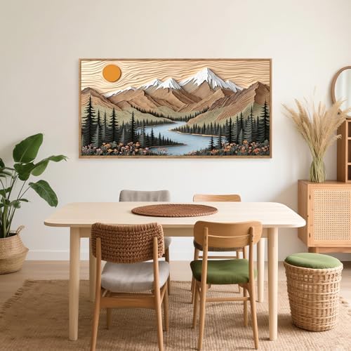 CHDITB Mountain Framed Wall Art, Long Horizontal Mountains Wall Decor, Sun Lake - Image 3