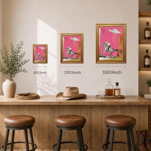 Vintage Gold Framed Western Wall Art, Retro Cowboy UFO Abduction Pictures Wall - Image 4
