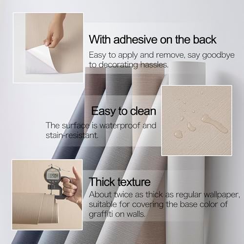 24"x393" Light Brown Fabric Peel and Stick Flax Textured Wallpaper - Image 4