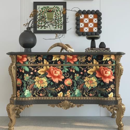 BOKEBEVE Floral Wallpaper Peel and Stick Vintage Black Orange 17.5 x 196In - Image 5