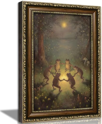 Vintage Gold Framed Frog Wall Art, Frogs Dancing in Moonlight Canvas Print by VintageGoldFramedwallart