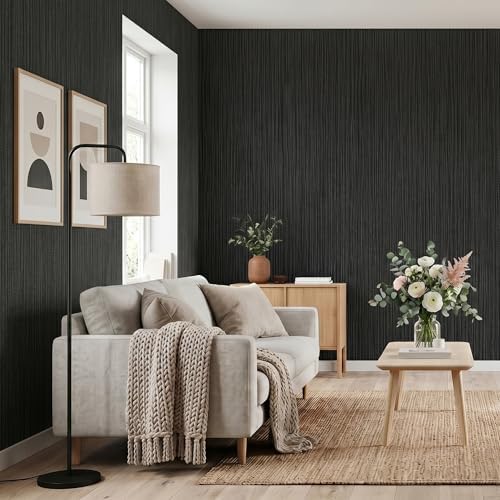 Black Faux Grasscloth Self-Adhesive Wallpaper 15.7"x393" - Image 4