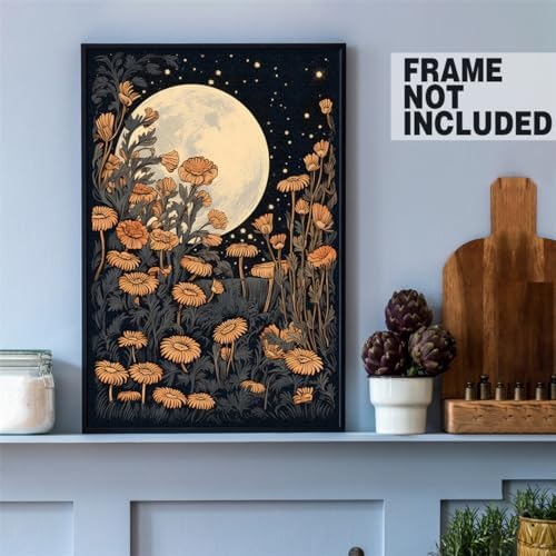 Vintage Moon Flowers Canvas Wall Art, Retro Mystical Celestial Moon Poster - Image 4