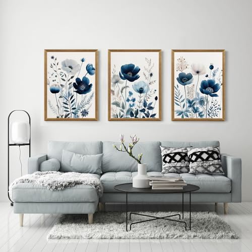 DUWQU Triptych Navy Blue Watercolor Botanical Floral Wall Art 16x24 in x3 - Image 2