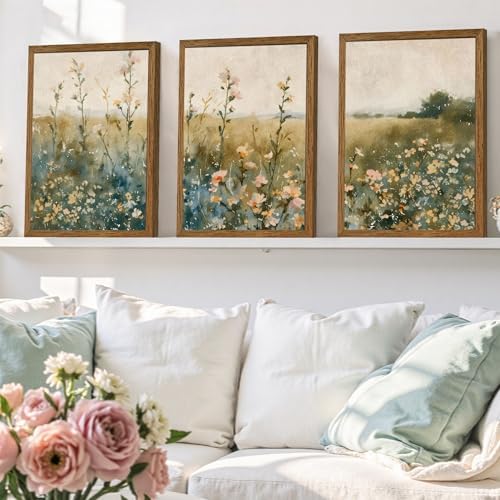AVECCO 3 Pieces Vintage Wildflower Field Wall Art Framed Canvas 12x16 inch - Image 4