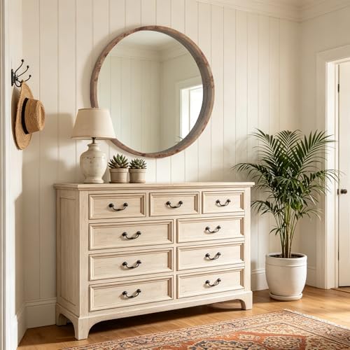 WallBeyond 28 Inch Round Wood Mirror, Burlwood Grain Wood Frame Circle Mirror - Image 5