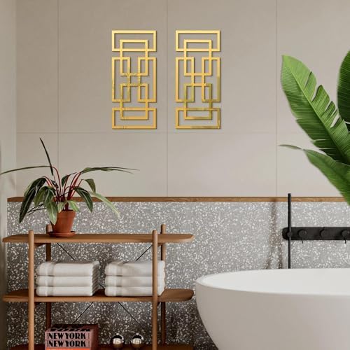 2 Piece Gold Rectangular Wall Mirrors, 15.7×7 Inch Geometric Wooden Frame - Image 5