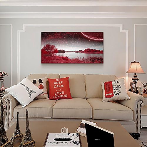 wall art for living room Red Lakes and trees under the starry sky red landscape - Image 4