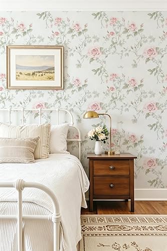 Floral Peel and Stick Wallpaper Pink Flower Wall Paper Vintage Botanical Green - Image 5