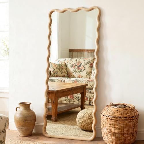 Full Length Mirror, 60”x25” Wavy Wood Floor Mirror by LawadaMirror