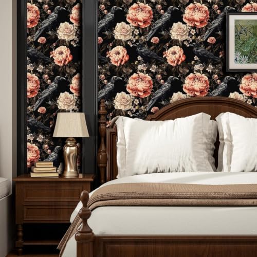 ILHIIOR Black Crow Floral Peel and Stick Wallpaper 17.5 x 393 Inches - Image 4