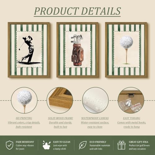 wanyun Vintage Golf Wall Art Set of 3 Canvas, Sports Framed Poster, Neutral - Image 3