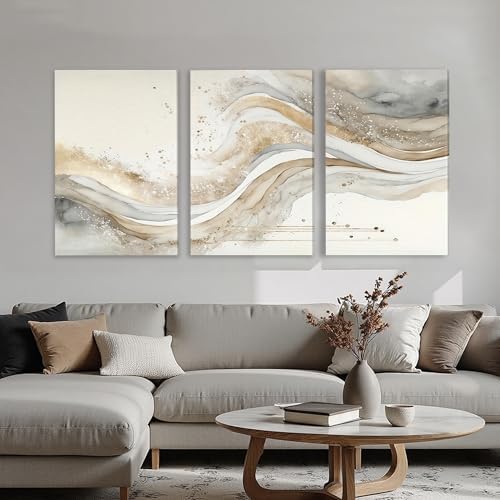 AVECCO Triptych Abstract Gold Grey Wave Wrapped Wall Art Canvas 20x30 Inch - Image 4