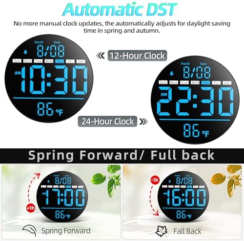 8in Round Digital Wall Clock, Large LED Display, Auto DST, Temperature - Image 5
