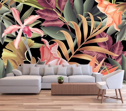 Toolhom Peel and Stick Wallpaper Featuring Colorful Tropical Banana Leaves by Toolhom