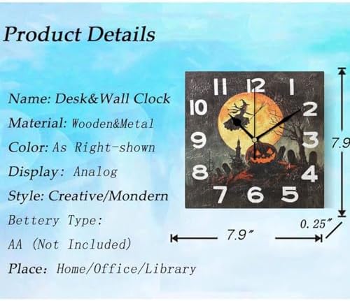 Moderate 8 Inch Square Wall Clock, Halloween Cemetery Carved Pumpkin Flying - Image 3