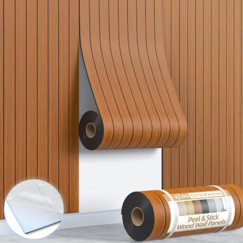 Peel and Stick Wood Slat Wall Panel 3D PVC Faux Walnut Wood Grain Wallpaper by NEPIS