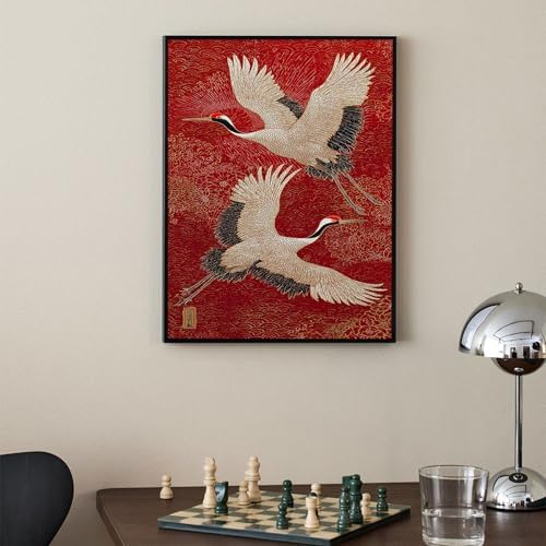 Retro Japanese Canvas Wall Art Funny Oriental Crane Posters Red And Gold Bird - Image 4