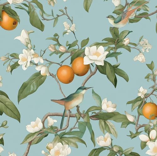 Laatse Vintage Blue Bird Floral Botanical Wallpaper 17.5"x118" by Laatse