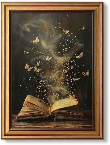 Vintage Gold Framed Dark Academia Wall Art, Victorian Book Butterfly Pictures by Unknown