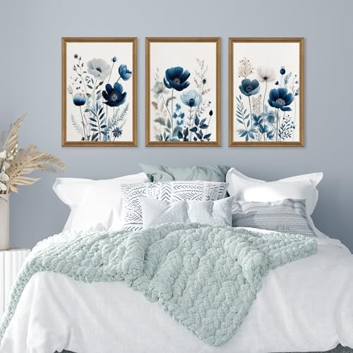 DUWQU Triptych Navy Blue Watercolor Botanical Floral Wall Art 20x30 in x3 - Image 4