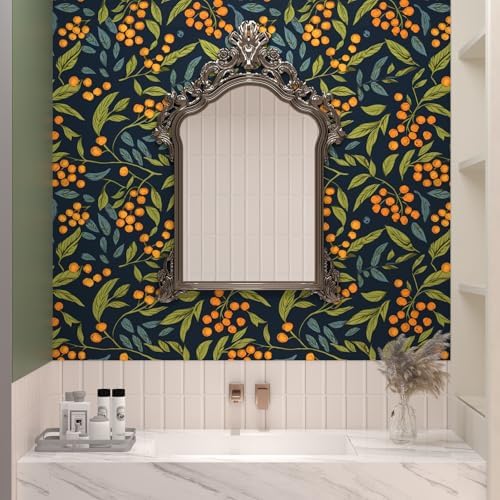 BOKEBEVE Leaf Floral Wallpaper Peel n Stick Boho Blue Orange 17.5 x 787In - Image 2