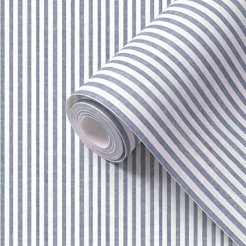 Navy Blue and Cream White Textured Striped Peel and Stick Wallpaper, Self - Image 2