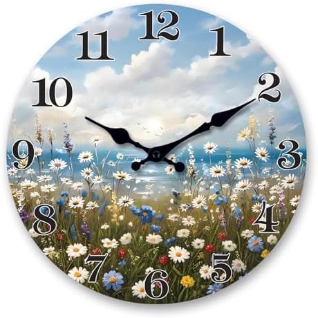 XFM Silent Beach Flowers Wall Clock 12 Inch Blue Coastal by XFMWallClock