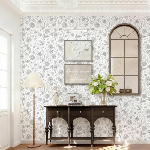 White Grey Vintage Floral Peel and Stick Wallpaper 17in x 197in - Image 2