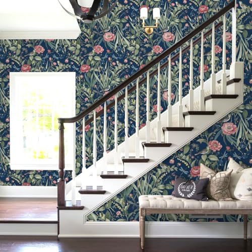 Navy Bird and Floral Peel and Stick Wallpaper Vintage 17in x 197in - Image 6