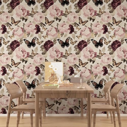 Laatse Beige Pink Butterfly Floral Peel and Stick Wallpaper 17.5"x393" - Image 7