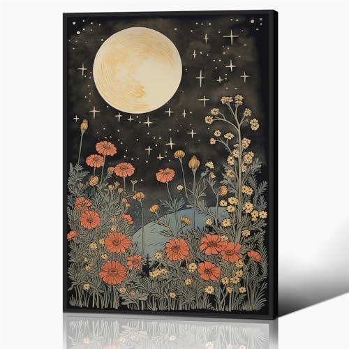 Vintage Moon Flowers Canvas Wall Art, Retro Mystical Celestial Moon Poster by Yuaruo